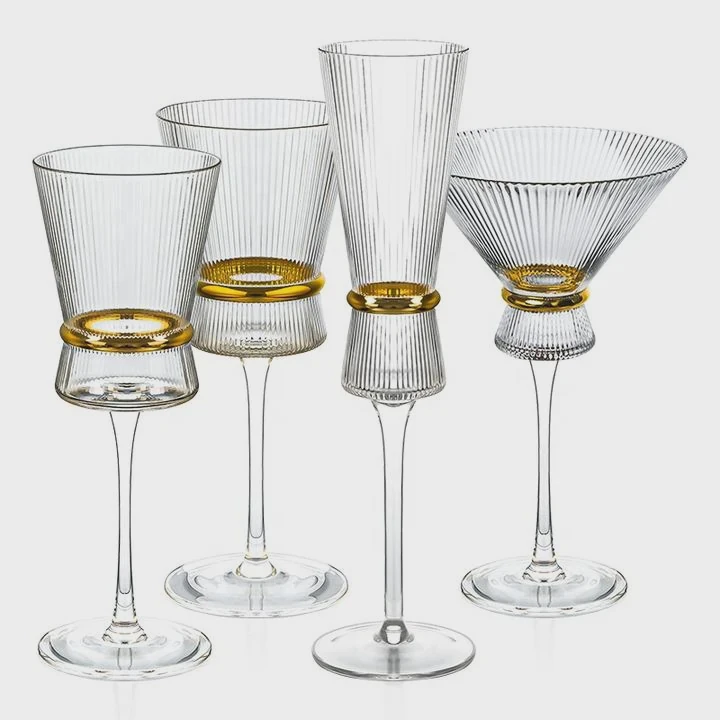 Handmade Gold-Rimmed Ribbed Crystal Wine Goblets Set