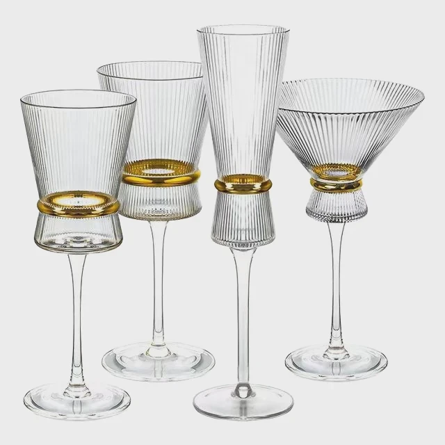Gold Rim Ribbed Crystal Wine Glass